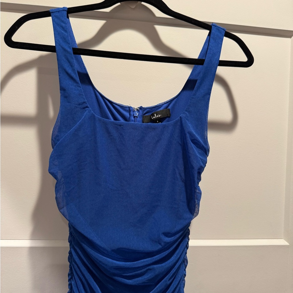 EUC Lulu's VIP Treatment Royal Blue Mesh Ruched Bodycon Midi Dress - Picture 3 of 10